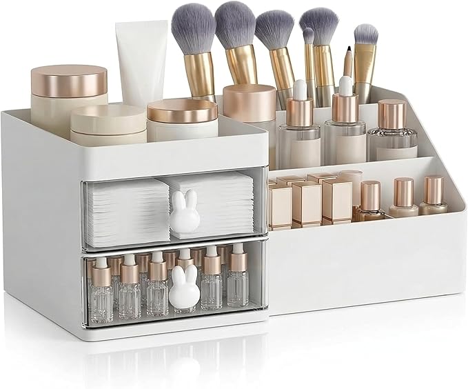Makeup Organizer With 2 Drawers, Countertop Organizer For Vanity, Bathroom Organizers And Storage, Bathroom And Bedroom Desk Cosmetics Organizer For Skin Care, Brushes, Eyeshadow, Lotions (White)