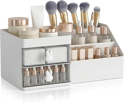 Makeup Organizer With 2 Drawers, Countertop Organizer For Vanity, Bathroom Organizers And Storage, Bathroom And Bedroom Desk Cosmetics Organizer For Skin Care, Brushes, Eyeshadow, Lotions (White)