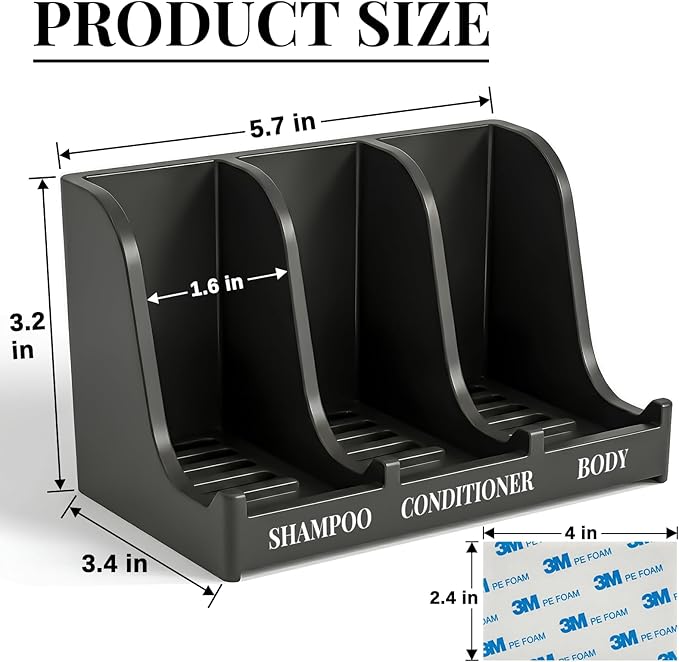 Soap Holder for Shower Wall, 3-Compartment Soap Dish for Shampoo, Conditioner and Body Soap, Fast Draining & Rust-Proof & Heavy Duty, Ultra-Strong Self Adhesive & Freestanding (Black, Label)