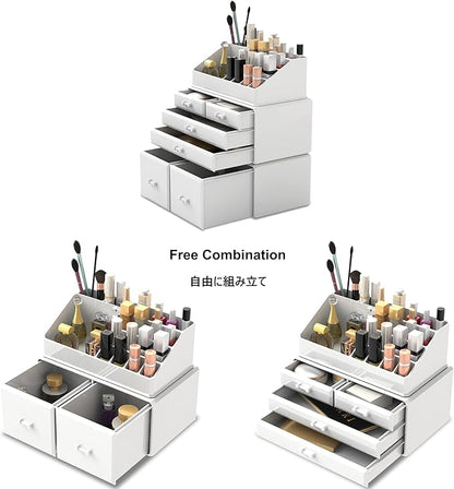 READAEER Makeup Organizer 3 Pieces Cosmetic Storage Case with 6 Drawers (White)