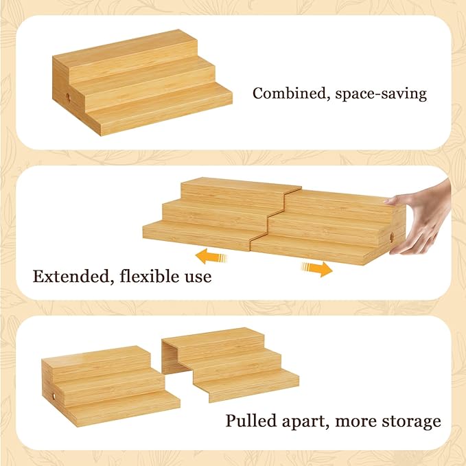 2-Pack Expandable Bamboo Can Rack Organizer for Pantry Display, 3-Tier Adjustable Can Storage Holder, Soda & Canned Food Organizer for Cabinets & Countertops, Holds Up to 48 Cans (Patent Pending)