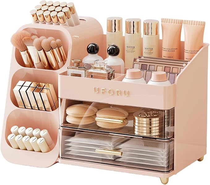 Makeup Organizer for Vanity with Brush Holder, Large Capacity Bathroom Countertop Skincare Organizer with 2 Drawers, Cosmetic Display Case for Perfumes, Eyeshadow Palettes, Nail Polishes