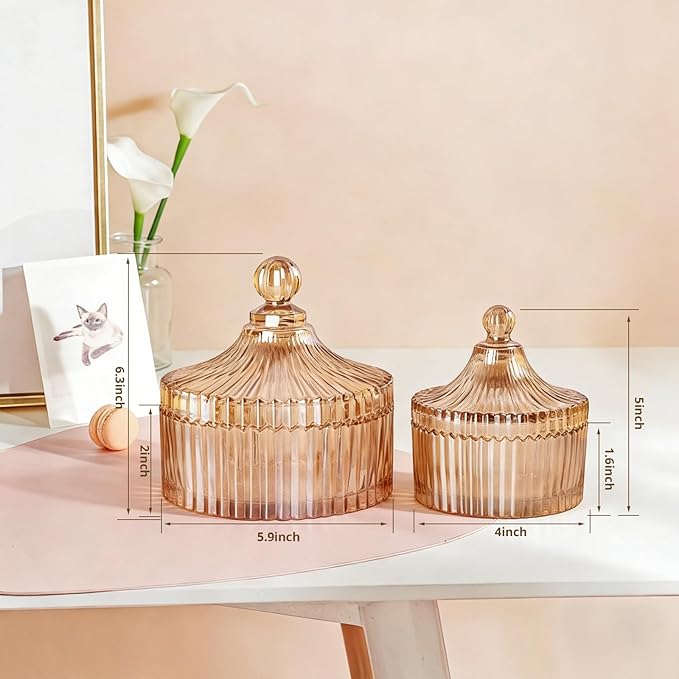 R FLORY 2 Pack Qtip Holder Apothecary Jars with Lids Glass Q Tip Holder for Bathroom Set Decorative Jars Crystal Bowl Jar Organizer for Cotton Swabs, Balls, Pads, Floss Picks (Amber,10+24oz)