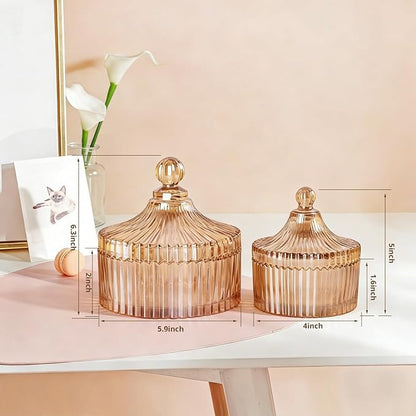 R FLORY 2 Pack Qtip Holder Apothecary Jars with Lids Glass Q Tip Holder for Bathroom Set Decorative Jars Crystal Bowl Jar Organizer for Cotton Swabs, Balls, Pads, Floss Picks (Amber,10+24oz)