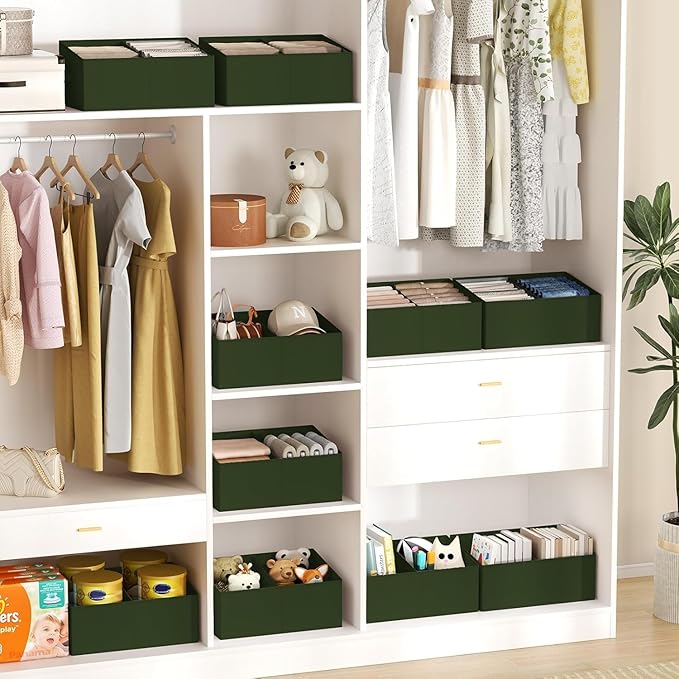 DIMJ Large Closet Shelf Organizer Bins 4 Packs with Handles and Divider, Fabric Trapezoid Storage Baskets, Foldable Clothes Containers Box for Shelf, Towel, Book, Toy, Purse, Hats, Green