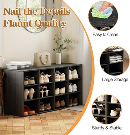 Aenuert 12-Cubby Shoe Rack, 3-Tier Wood Shoe Organizer, Multifunctional Shoe Organizer Bench for Entryway, Mudroom, Hallway, Closet,36.22 * 11.81 * 17.72 Inch,Black