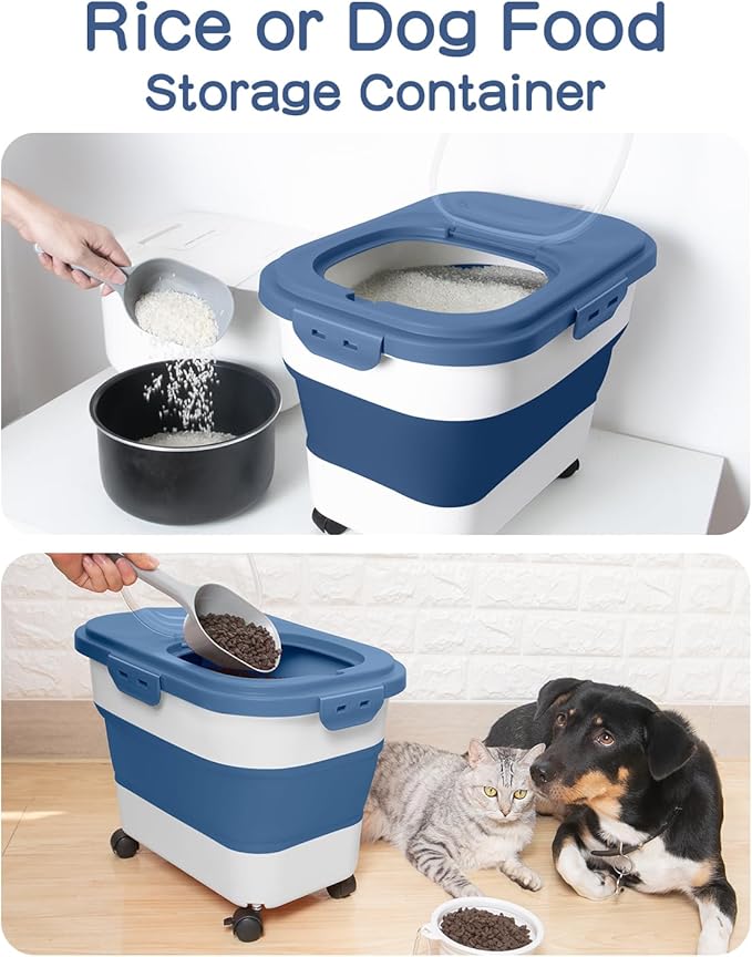 20-30 Lbs Rice Storage Container,Collapsible Food Storage Containers with Rolling Wheel Airtight Locking Lid,Flour Storage Container with Cup and Scoop,Suitable for Food,Rice,Pet Food,Flour