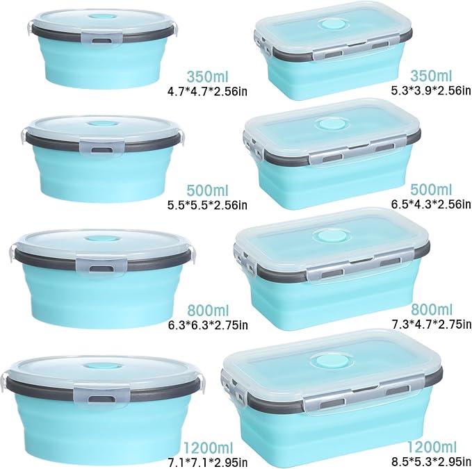Yaomiao 16 Pack Collapsible Food Storage Containers with Lid Foldable 8 Pcs Rectangle Storage Bowl and 8 Pcs Round Silicone Food Bow for Lunch Camping Rv Accessories Microwave Freezer(Gray, Blue)