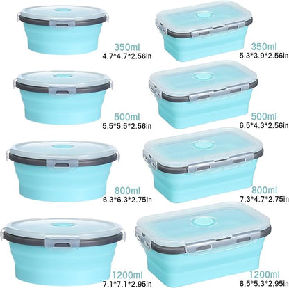 Yaomiao 16 Pack Collapsible Food Storage Containers with Lid Foldable 8 Pcs Rectangle Storage Bowl and 8 Pcs Round Silicone Food Bow for Lunch Camping Rv Accessories Microwave Freezer(Gray, Blue)