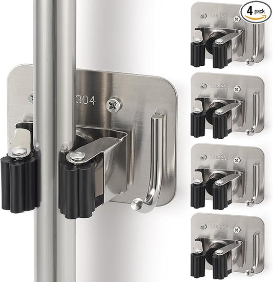Broom Holder Wall Mount Screw Drilling, Sturdy Heavy Duty Stainless Steel Mop Gripper Rack Perforated, Perfect for Laundry Room Organizer, Fit with Laundry Kitchen Garage Garden Storage System