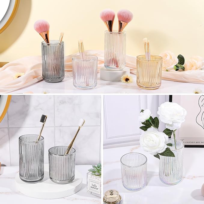 DASITON Makeup Brush Holder Organizer, Crystal Glass Makeup Brushes Storage Holder, Vintage Make Up Brush Cup for Vanity, Pen Pencil Holder for Desk, Toothbrush Holders for Bathroom (Grey SL)