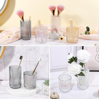DASITON Makeup Brush Holder Organizer, Crystal Glass Makeup Brushes Storage Holder, Vintage Make Up Brush Cup for Vanity, Pen Pencil Holder for Desk, Toothbrush Holders for Bathroom (Grey L)