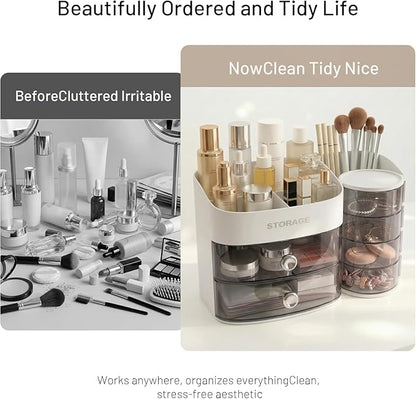 Makeup Organizer Countertop with Drawers, Rotating Skincare & Cosmetic Organizer for Vanity, 4 Clear Swivel Drawers, Large Capacity Make Up Storage for Cosmetics, Brushes, Jewelry