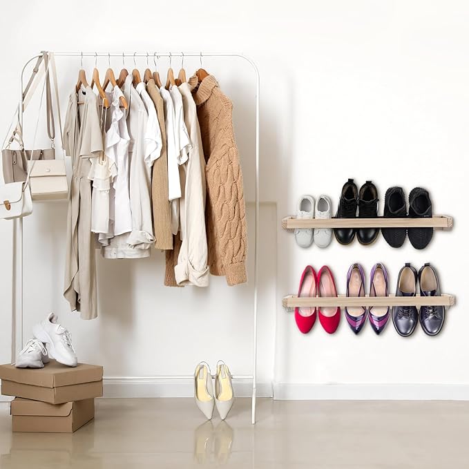 Wenqik 4 Pcs Wall Mounted Wooden Shoe Rack 30 Inch Rustic Wood Wall Hanging Shoe Rack Space Saving Footwear Holder Shoes Storage Organizer for Mudroom, Entryway, Closet (Wood Color)