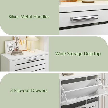 VECELO Shoe Cabinet Storage for Entryway with 3 Flip Drawers Slim Hidden Free Standing Organizer for Narrow Hallway, Bedroom, Living Room, Large Capacity, Modern, White, 3-Shelf