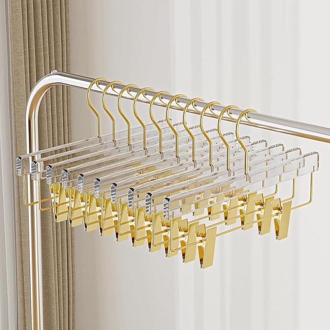 30 Pack Gold Acrylic Hangers, Clear Pants Hangers with Adjustable Non-Slip Clips for Pants, Skirts, Jeans, Trousers, Adults & Kids, Clothing Closet Storage