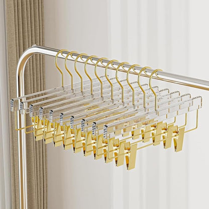30 Pack Gold Acrylic Hangers, Clear Pants Hangers with Adjustable Non-Slip Clips for Pants, Skirts, Jeans, Trousers, Adults & Kids, Clothing Closet Storage