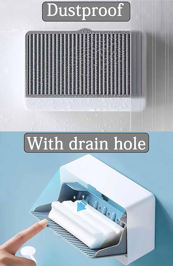 2 Pack Dust-Proof Soap Holder for Shower Wall, Adhesive Wall-Mounted Bar Soap Dish, No-Drill Plastic Soap Saver with Drain, xicveiuz White-Grey