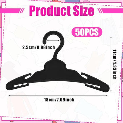 Soulchen 50 Pcs Doll Clothes Hangers for 18 Inch Dolls, Black Plastic Clothes Hangers with Non-Slip Clips, Space-Saving Wardrobe Accessories for Gown Dress Outfit