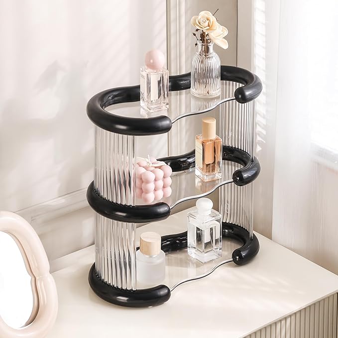 SYNCVIBE 3 Tier Bathroom Countertop Organizer Perfume Display Tray for Dresser Makeup Organizer Shelf for Vanity Bathroom Storage Perfume Tray Home Storage Holder for Skincare (Black, Oval)
