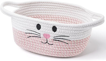STOBSK Small Woven Baskets for Organizing with Handle Cute Cotton Basket for Nursery Gift Dog Cat Toy Storage Basket for Toy Organizer-Pink