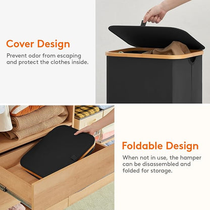 Lifewit 80L Laundry Basket with Lid, Clothes Hampers for Laundry with Bamboo Handles and 1 Removable Bag, Large Foldable Laundry Hamper for Bedroom, Bathroom, Dorm, Laundry Room, Black