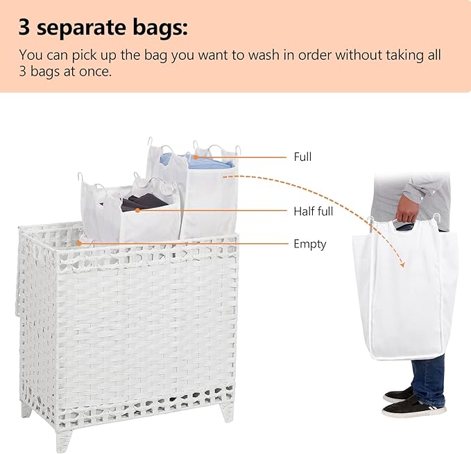 Laundry Hamper with 3 Removable Liner Bags; 132L Handwoven Rattan Laundry Basket with Lid & Heightened Feet; Clothes Hamper with Side Handles; Laundry Sorter with 3 Separate Sections