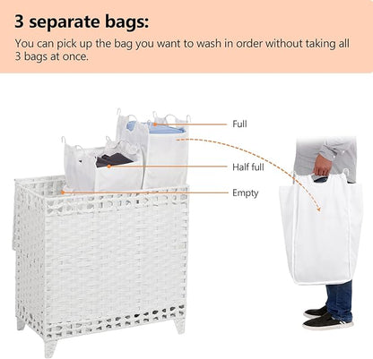 Laundry Hamper with 3 Removable Liner Bags; 132L Handwoven Rattan Laundry Basket with Lid & Heightened Feet; Clothes Hamper with Side Handles; Laundry Sorter with 3 Separate Sections