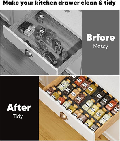 Spice Drawer Organizer, Spice Rack Tray for Kitchen Cabinet, Expandable Seasoning Storage Rack Insert for Drawer/Countertop,9 Pieces Set, ABS (Jars Not Included)