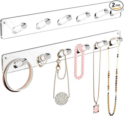 MaxGear Clear Acrylic Necklace Holder 2-Pack, Wall Mounted Jewelry Organizer with 12 Hooks, Tangle-Free Display for Necklace, Bracelet, Bangles, Ring, Perfect for Bathroom, Vanity, Closet Door