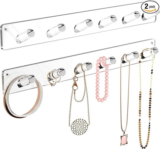 MaxGear Clear Acrylic Necklace Holder 2-Pack, Wall Mounted Jewelry Organizer with 12 Hooks, Tangle-Free Display for Necklace, Bracelet, Bangles, Ring, Perfect for Bathroom, Vanity, Closet Door
