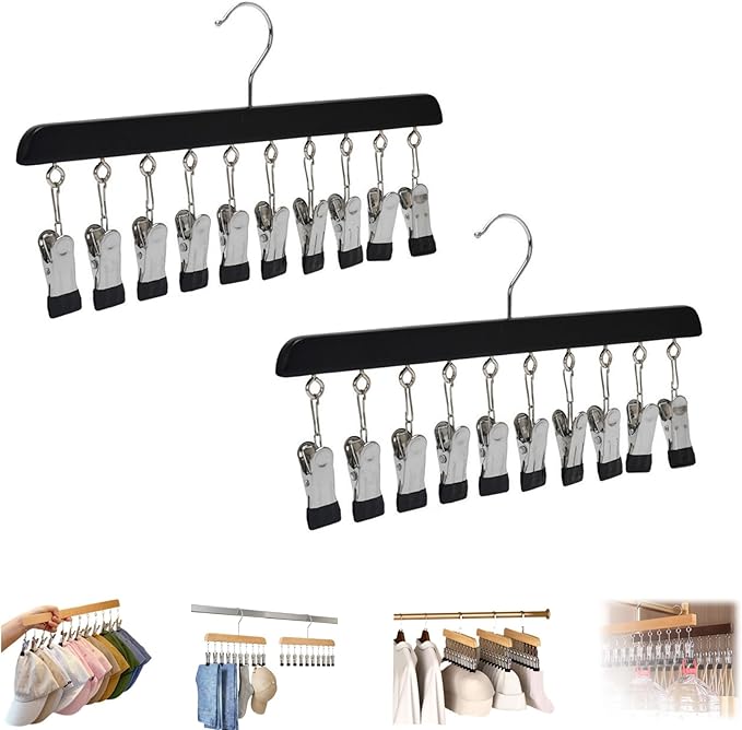 Closet Organizer with 10 Clips, Space Saving Hanging Closet Organizer, Legging Hanger for Closet Organizer with 10 Clip for Storing Jeans, Legging, Shorts (Black-10 Clips, 2PCS)