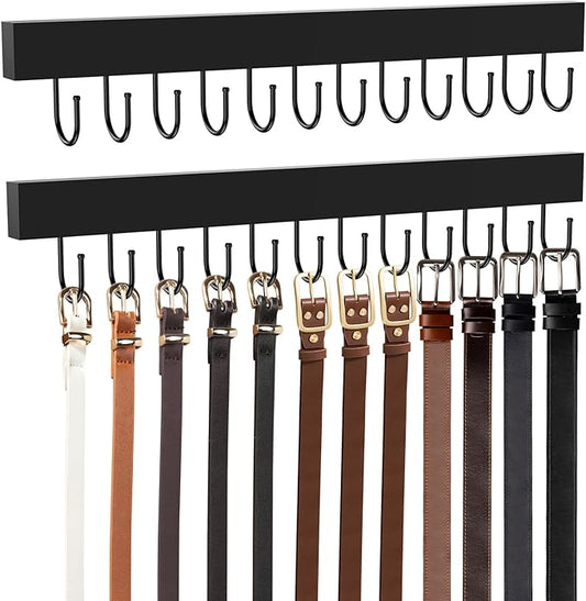 Belt Hanger Wall Mount, Wooden Closet Belt Organizer with 24 Metal Hooks, Large Capacity, Black, 2 Pcs