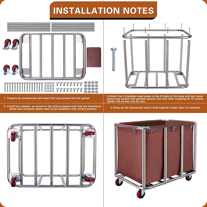 Commercial Laundry cart with Wheels,400L Large Laundry Basket with Wheels,Laundry Hamper on Wheels Heavy Duty with Steel Frame and Oxford Cloth, 440Lbs Load (Brown)