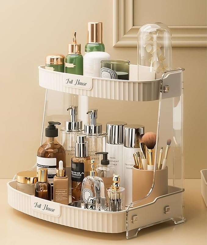 Skincare Organizer 2 Tier,Large High Capacity Makeup Countertop Storage,Perfume Holder Cosmetic Display Cases,for Vanity,Desktop, Bathroon, Dresser,Ideal for Women (Beige)