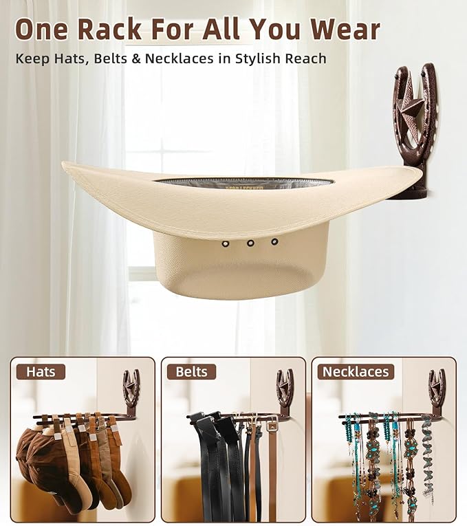 Cowboy Hat Holder Wall Mount, Metal Western Hat Rack for Wall, 4 Pack Cowboy Hat Hanger for Wide Brim Hats Fedora, Rustic Horseshoe Organizer for Closet Entryway Horse Trailer, Western Decor, Bronze