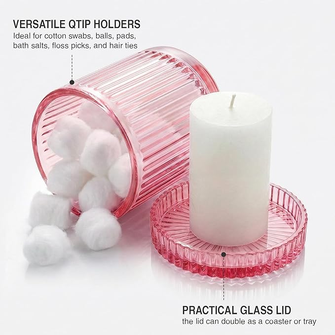 2 Pack Qtip Holder - Apothecary Jars with Lids, Bathroom Organizers and Storage Canister for Cotton Balls,Swabs,Floss Picks,Hair Ties,Clear Glass Vintage Bathroom Decor Jar Set (Pink)