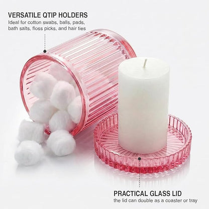 2 Pack Qtip Holder - Apothecary Jars with Lids, Bathroom Organizers and Storage Canister for Cotton Balls,Swabs,Floss Picks,Hair Ties,Clear Glass Vintage Bathroom Decor Jar Set (Pink)