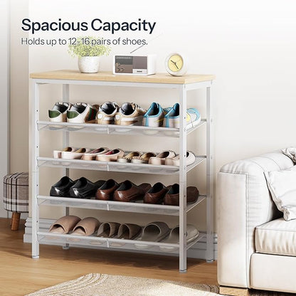 HOOBRO Shoe Rack for Entryway, 5-Tier Shoe Organizer with Adjustable Mesh Shelves, 12-16 Pairs of Shoes, Spacious Floor Mount, Metal, Industrial, Shoe Shelf for Closet, Natural and White WN12XJ01