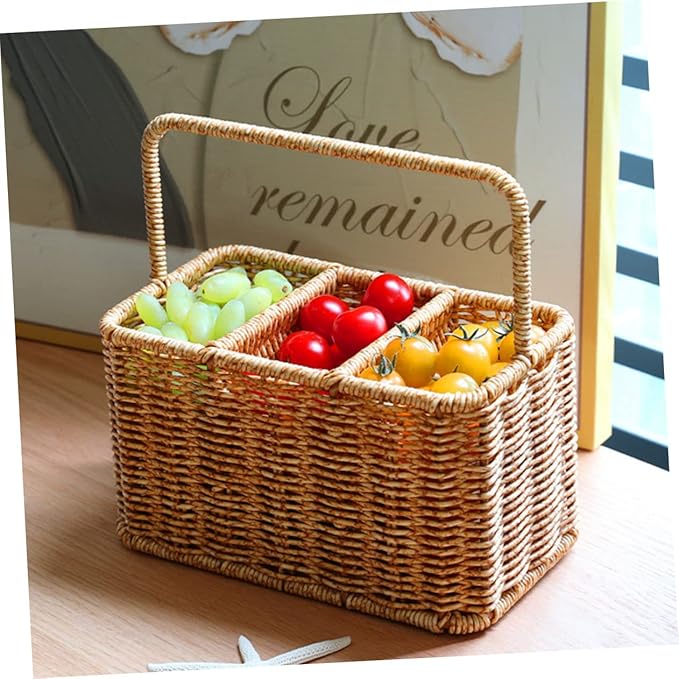 SOLUSTRE Woven Divided Cutlery Storage Basket 8.85X8.66X4.92 Inch Portable Silverware Organizer for Kitchen Countertop and Dining Room Utensil Caddy