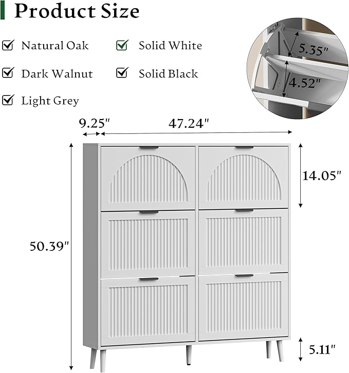 Xixini Shoe Storage Cabinet with 6 Flip Drawers, 50" Tall Narrow Wood Fluted Shoe Organizer for Entryway, Freestanding Wooden Hidden Slim Shoe Rack for Front Door Entrance, Hallway, Foyer, Solid White