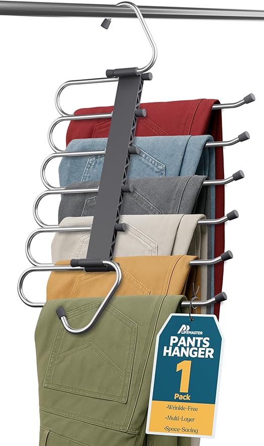 Lifemaster Space Saving Pants Hangers 1 Pack, 6 Layer Jeans Hangers & Closet Organizer for Jeans, Scarves, & Skirts, Multi-Layer Hanger with Anti-Slip Stopper, Heavy-Duty S-Type Stainless Steel, Gray