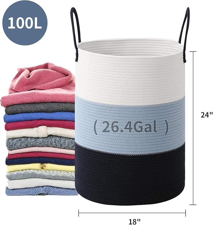 Laundry Basket Hamper Tall Rope Storage Woven for Blanket toys Dirty Clothes in Living Room Bathroom Bedroom (Gradient Blue, 100L/26.4Gal)
