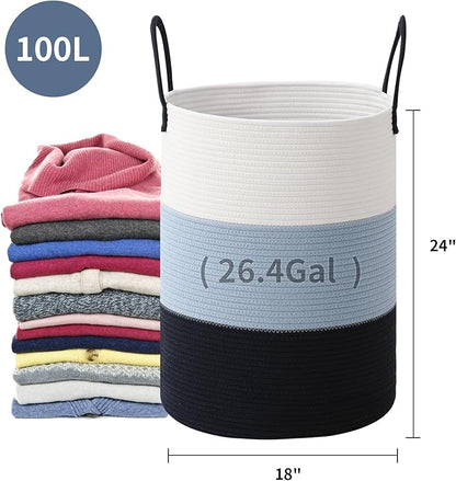 Laundry Basket Hamper Tall Rope Storage Woven for Blanket toys Dirty Clothes in Living Room Bathroom Bedroom (Gradient Blue, 100L/26.4Gal)