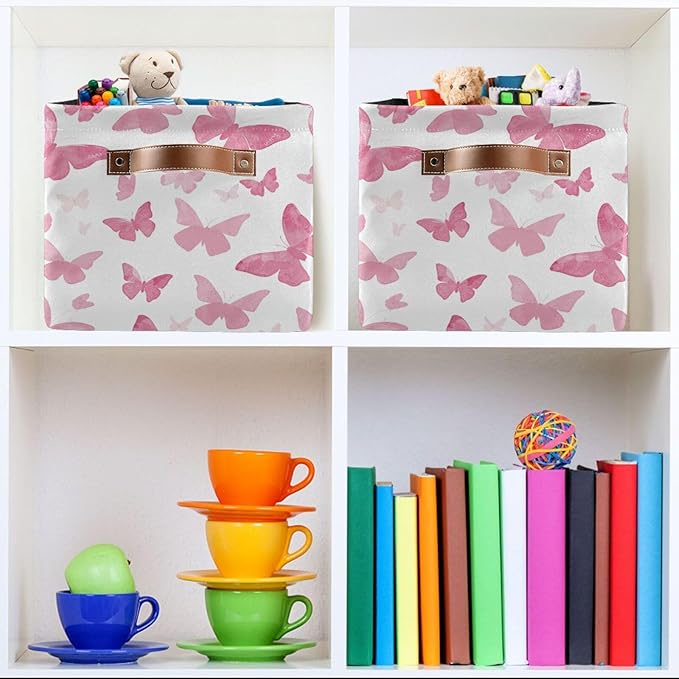 Watercolor Pink Butterfly Storage Basket Bin, Large Cube Storage Box Canvas Collapsible Storage Organizer for Home Office Closet, 2 Pack - 15 L x 11 W x 9.5 H