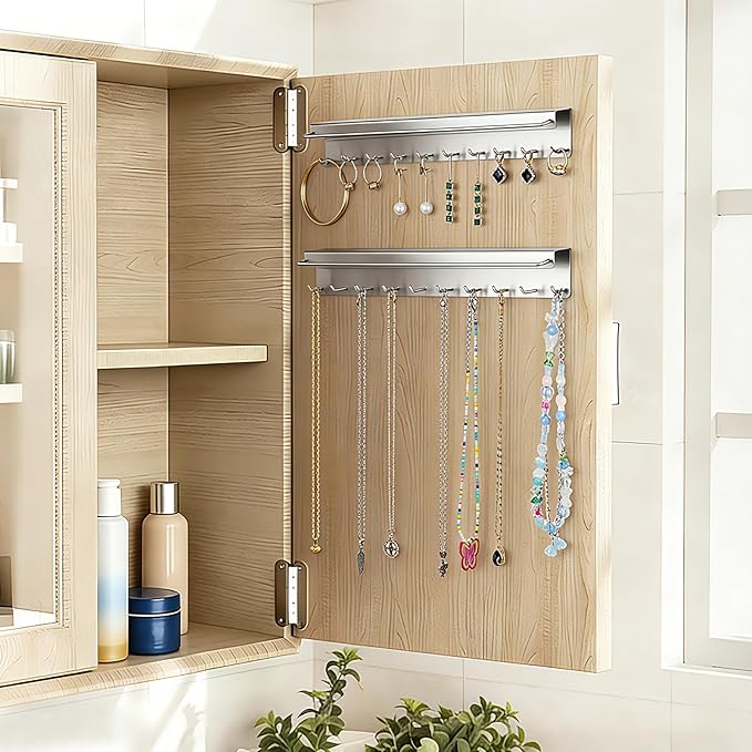 2PCS Necklace Holder Wall Mount, Sunglasses Organizer Wall Display with 20 Jewelry Hooks for Earring Bracelet Glasses, Hanging Jewelry Organizer, Sunglass Holder, Necklaces Hanger, Silver