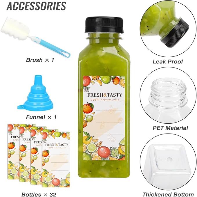 TOMNK 32pcs Juice Bottles, 12oz Reusable Plastic Juice Bottles with Caps and Labels, Funnel, Brush Beverage Containers for Juicing, Smoothies, Tea, Milk
