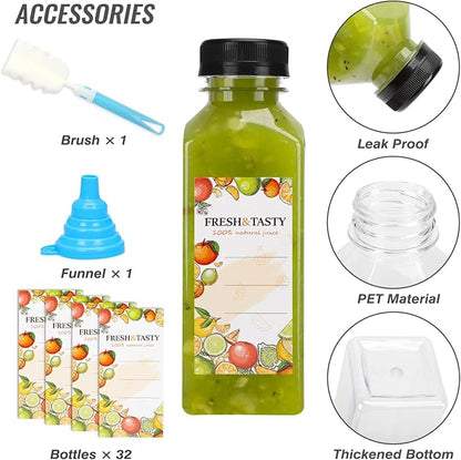 TOMNK 32pcs Juice Bottles, 12oz Reusable Plastic Juice Bottles with Caps and Labels, Funnel, Brush Beverage Containers for Juicing, Smoothies, Tea, Milk