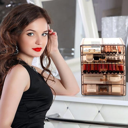 Sorbus Acrylic Makeup Organizer Set, 6-Drawer Vanity & Countertop Cosmetic Storage with Small & Wide Drawers, Bronze Glow Makeup Storage for Brushes, Lipsticks, Jewelry, Holiday Gift for Women & Teens
