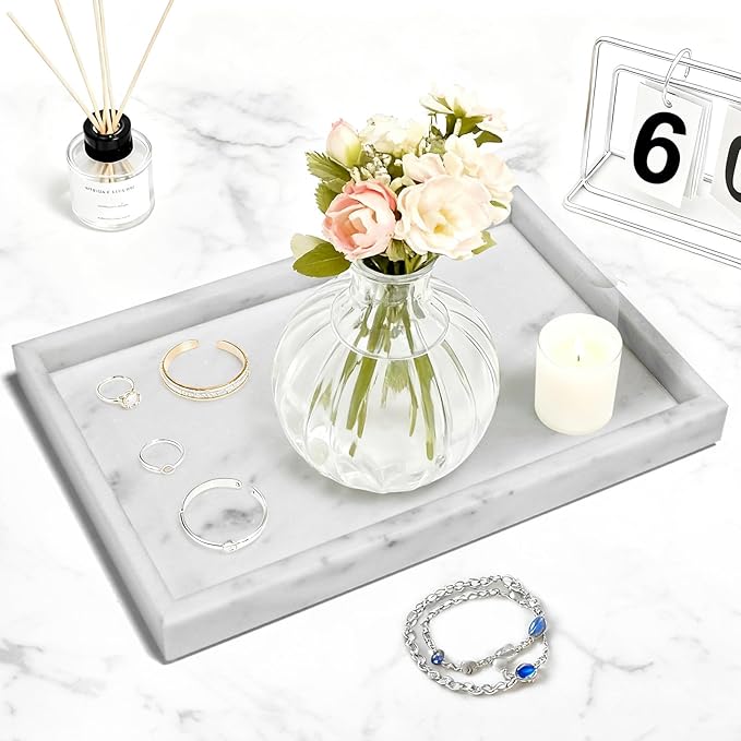 Pure Natural Marble Tray for Bathroom, Dresser, Sink. Cosmetics, toiletries, perfumes, Jewelry, Candles, etc. can be Placed (Starry White, 12" x 8" x 1.2")